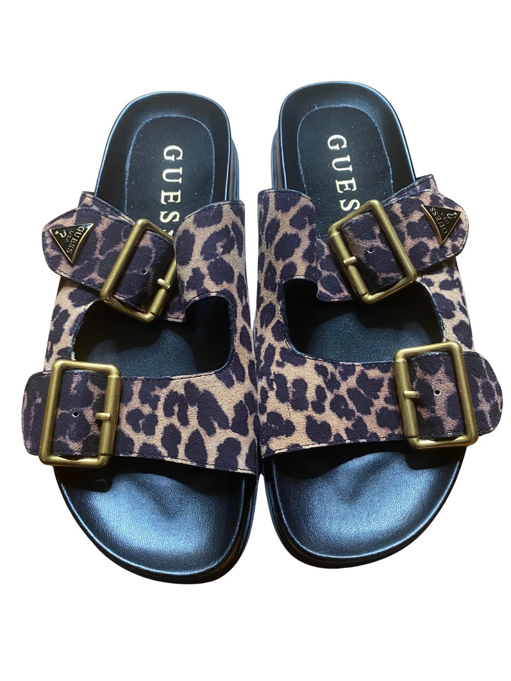 GUESS Leopard Double Buckle Platform Slide Sandals Size 7